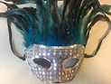 Silver Masquerade Mask w/ Turquoise Feathers 